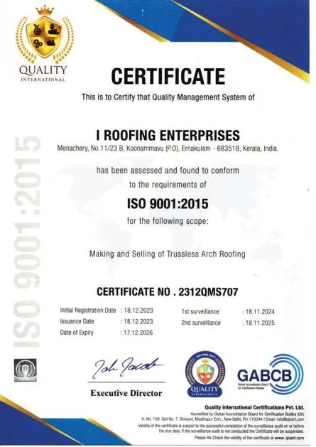ISO 9001:2015 certificate of iRoofing Enterprises